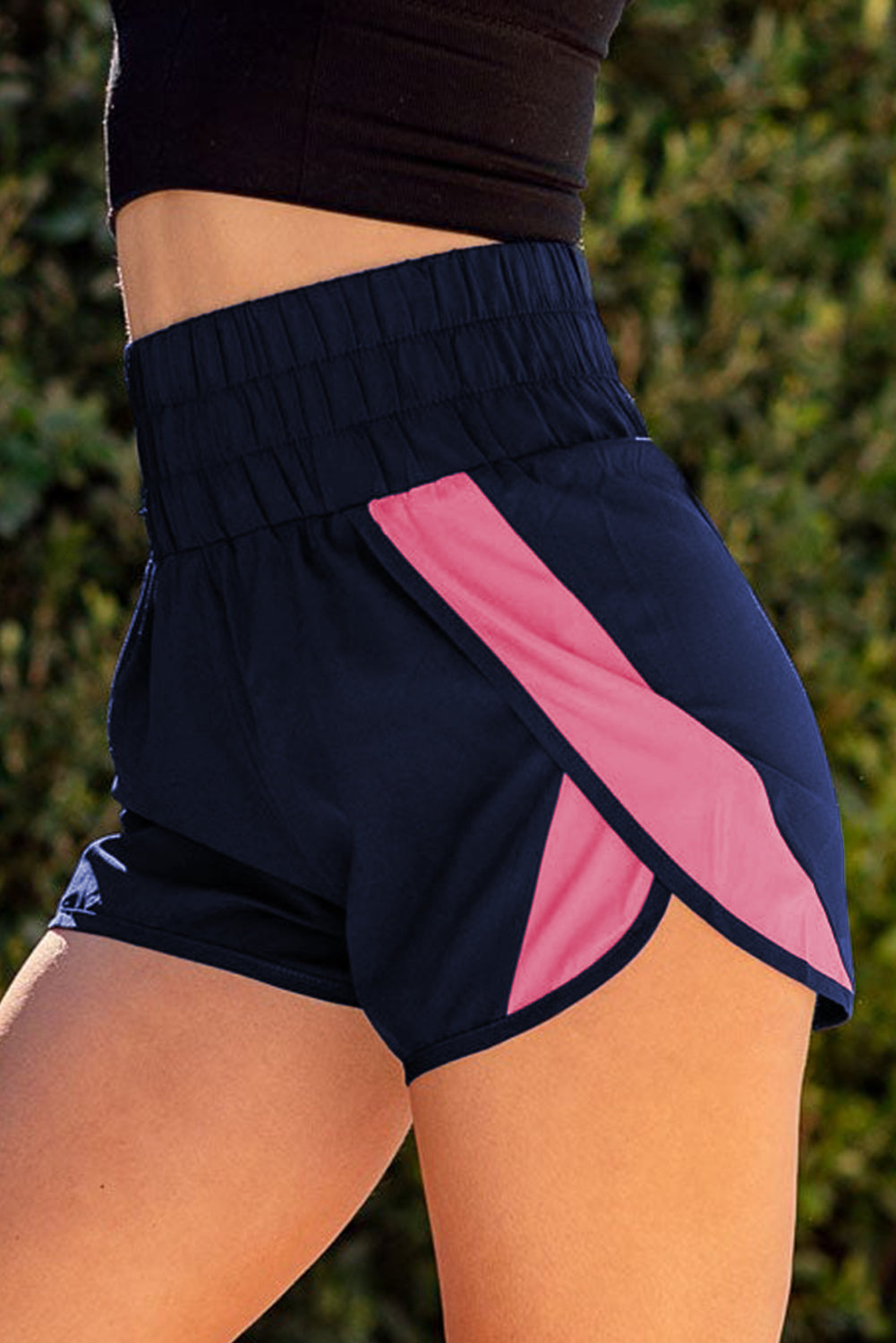 Dark Blue Casual Smocked Elastic Waist Athletic Shorts