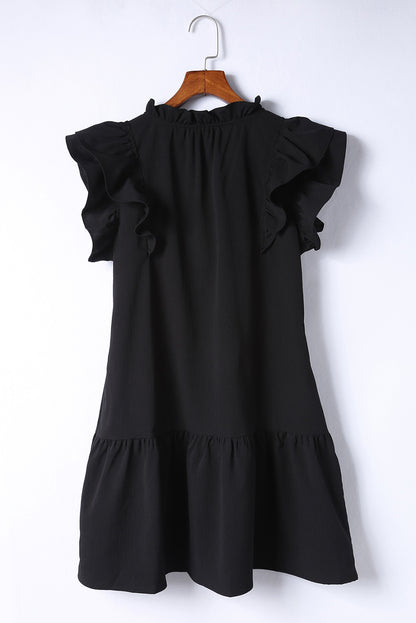 Tiered Ruffled Drawstring V Neck Short Dress With Pockets