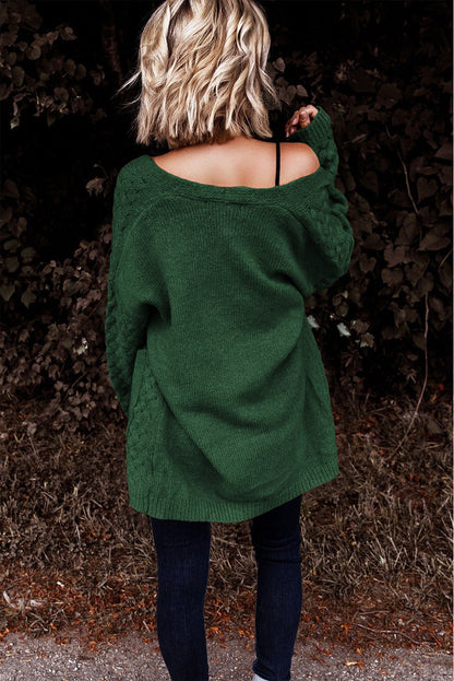 Brown Woven Texture Open Front Pockets Knit Cardigan