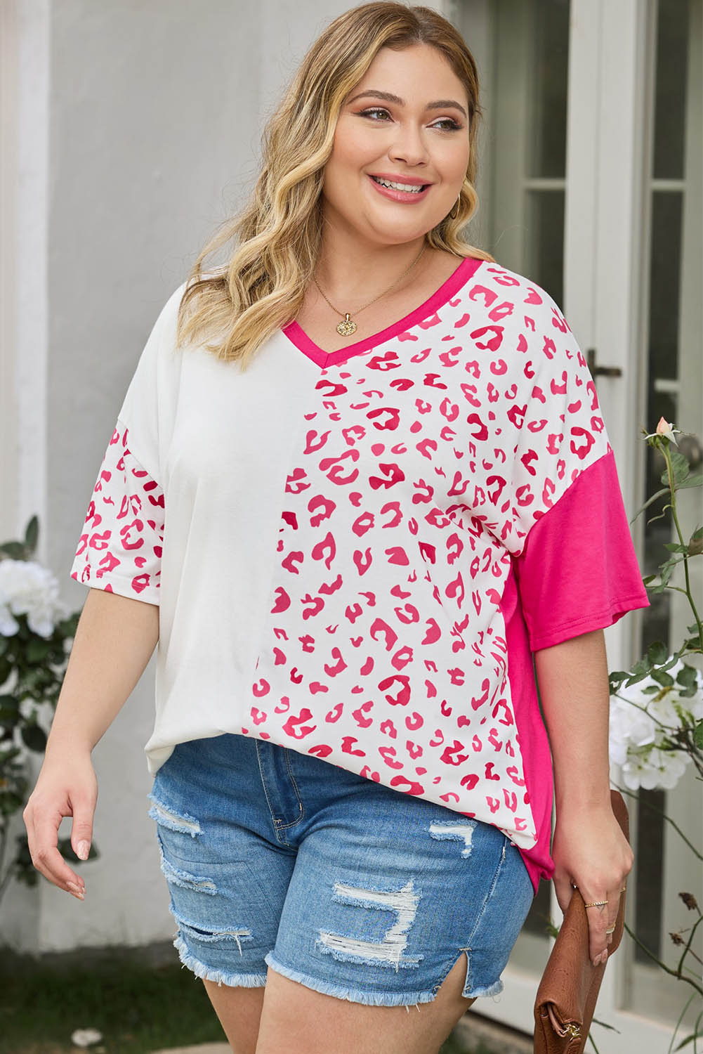Leopard Patchwork Short Sleeve Plus Size Top