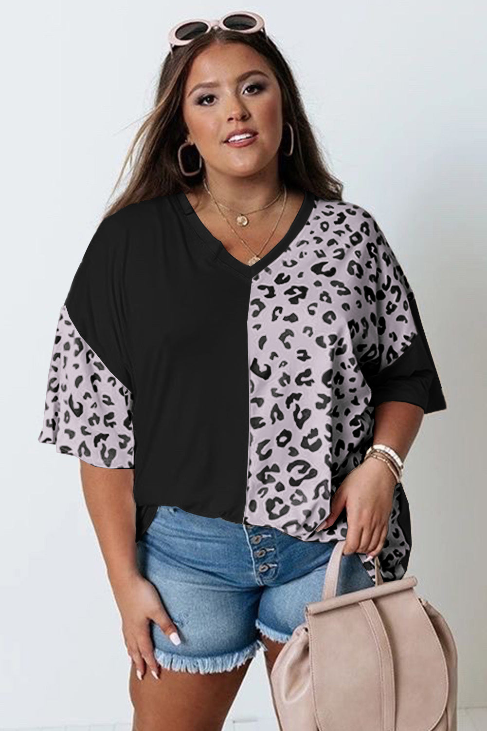 Leopard Patchwork Short Sleeve Plus Size Top