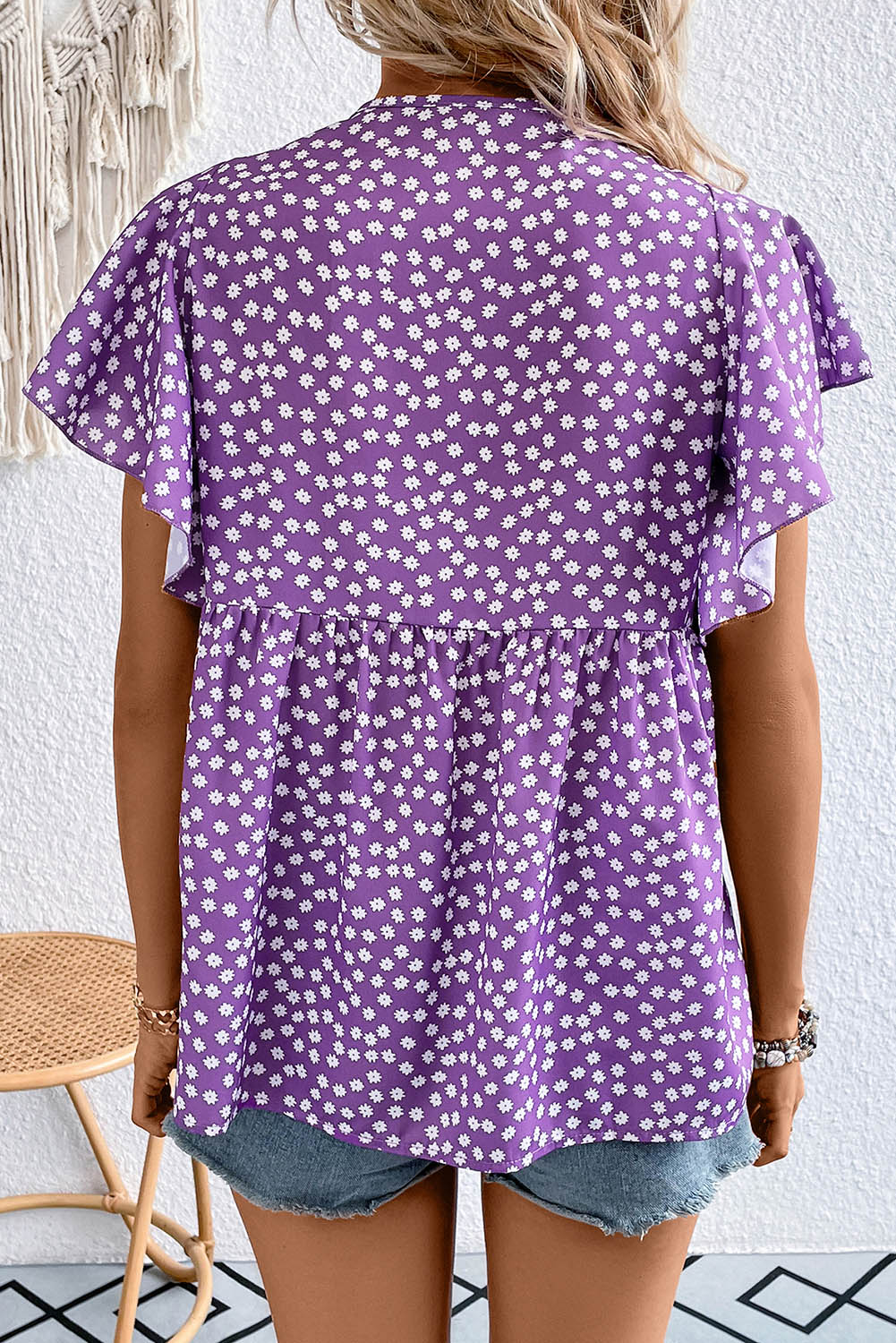 Blue Floral Print V Neck Ruffle Sleeve Blouse