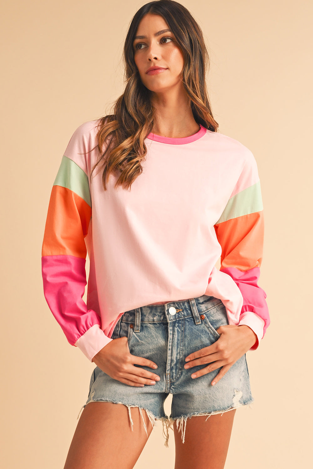 Multi Color Block Sleeve Loose Fit Top