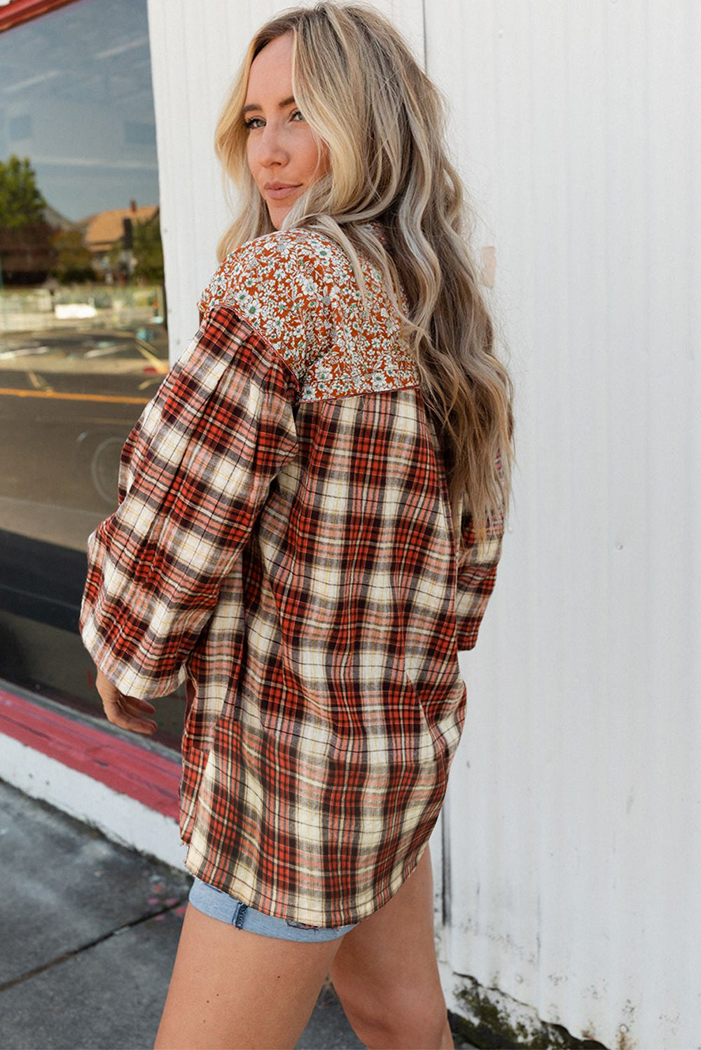 Red Dahlia Mixed Print Half Buttons Plus Size Pullover Top