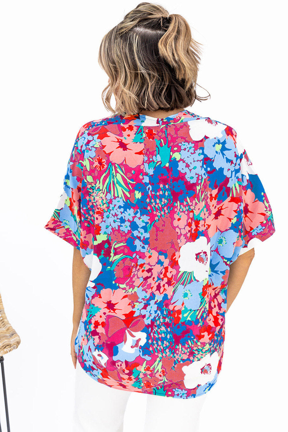 Multicolor V Neck Dolman Sleeve Plus Size Floral Blouse