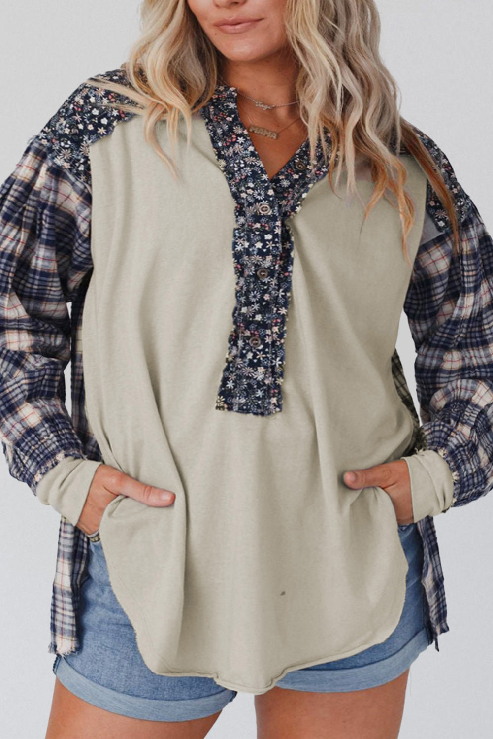 Red Dahlia Mixed Print Half Buttons Plus Size Pullover Top