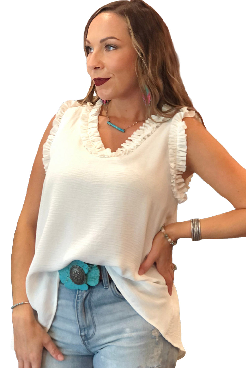 Plain Frilled Trim V Neck Sleeveless Shirt