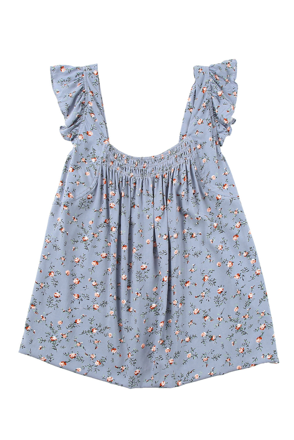 Floral Print Smocked Neck Flounce Sleeveless Shirt