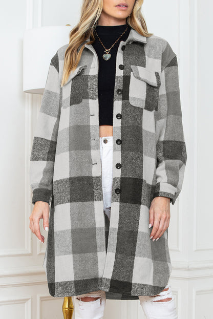 Khaki Plaid Colorblock Button Down Flap Pocket Long Shacket