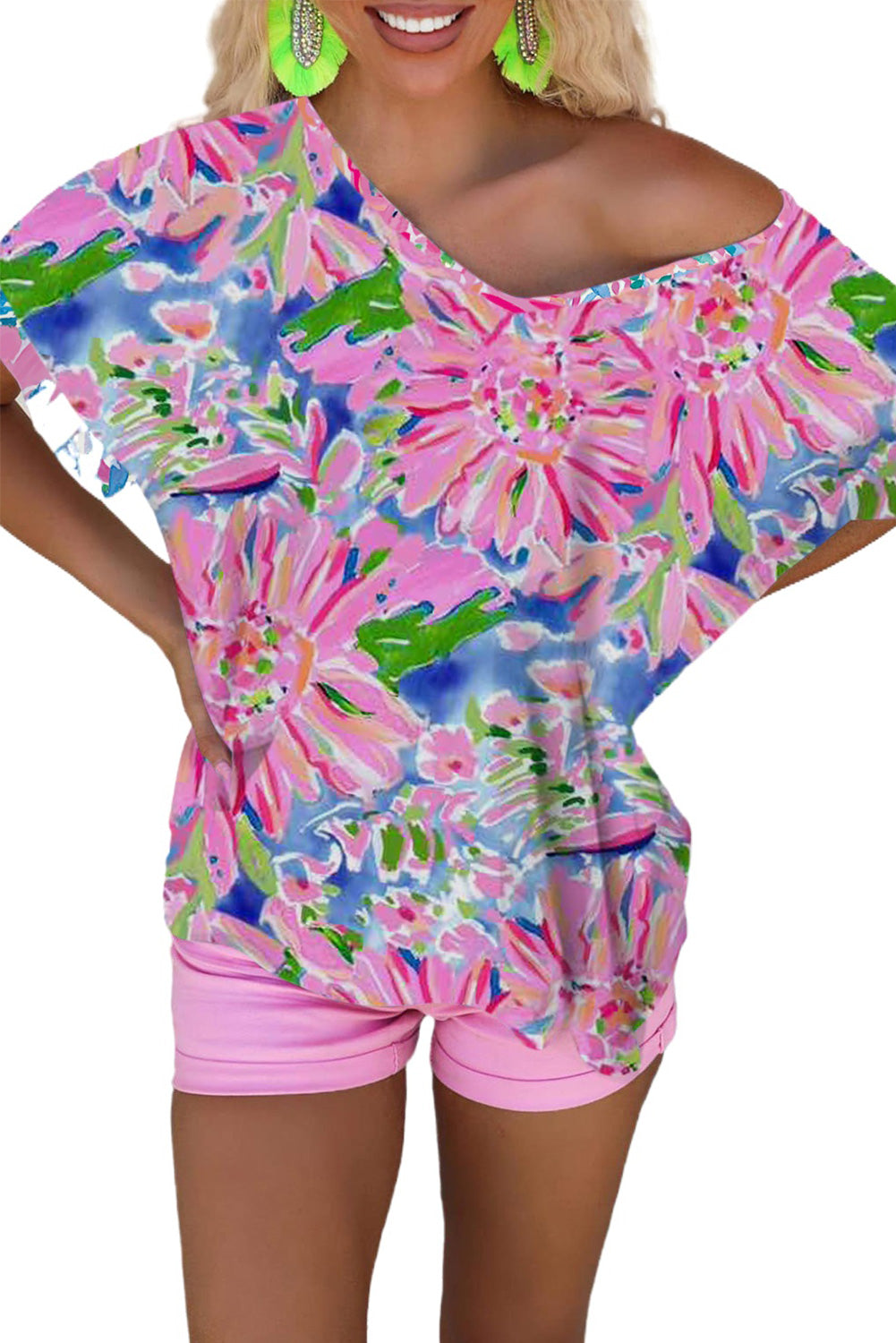 Abstract Floral Print Split V Neck Short Sleeve Blouse