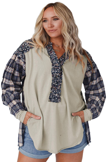 Red Dahlia Mixed Print Half Buttons Plus Size Pullover Top