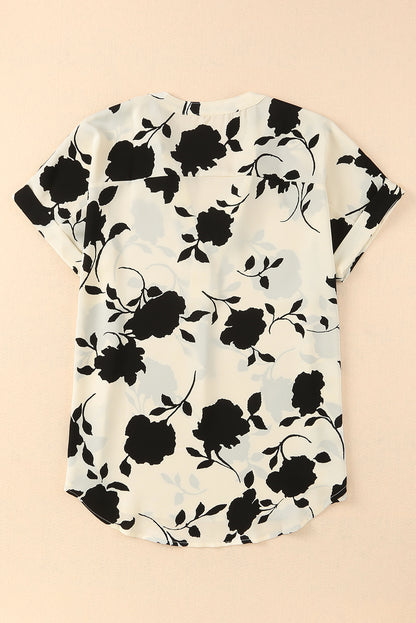 Floral Print Casual Roll Up Sleeve Blouse