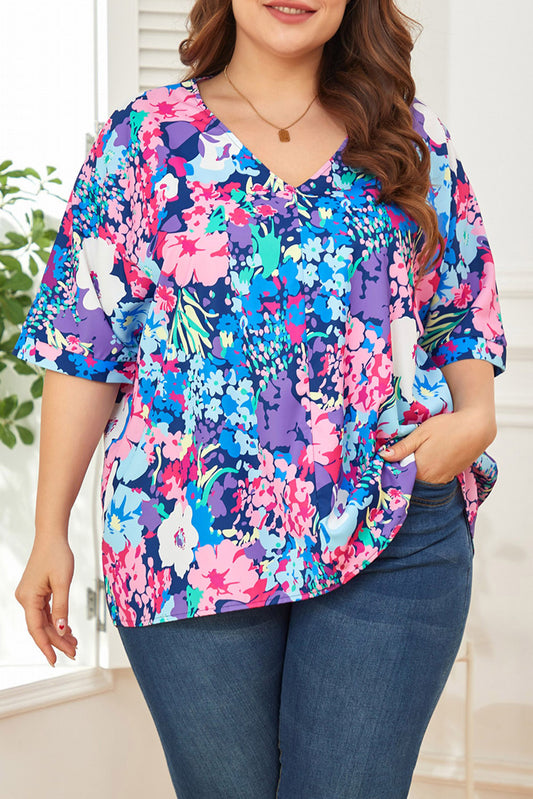 Multicolor V Neck Dolman Sleeve Plus Size Floral Blouse