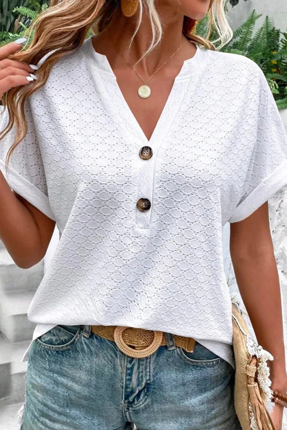Button V Neck Eyelet Solid Color Blouse