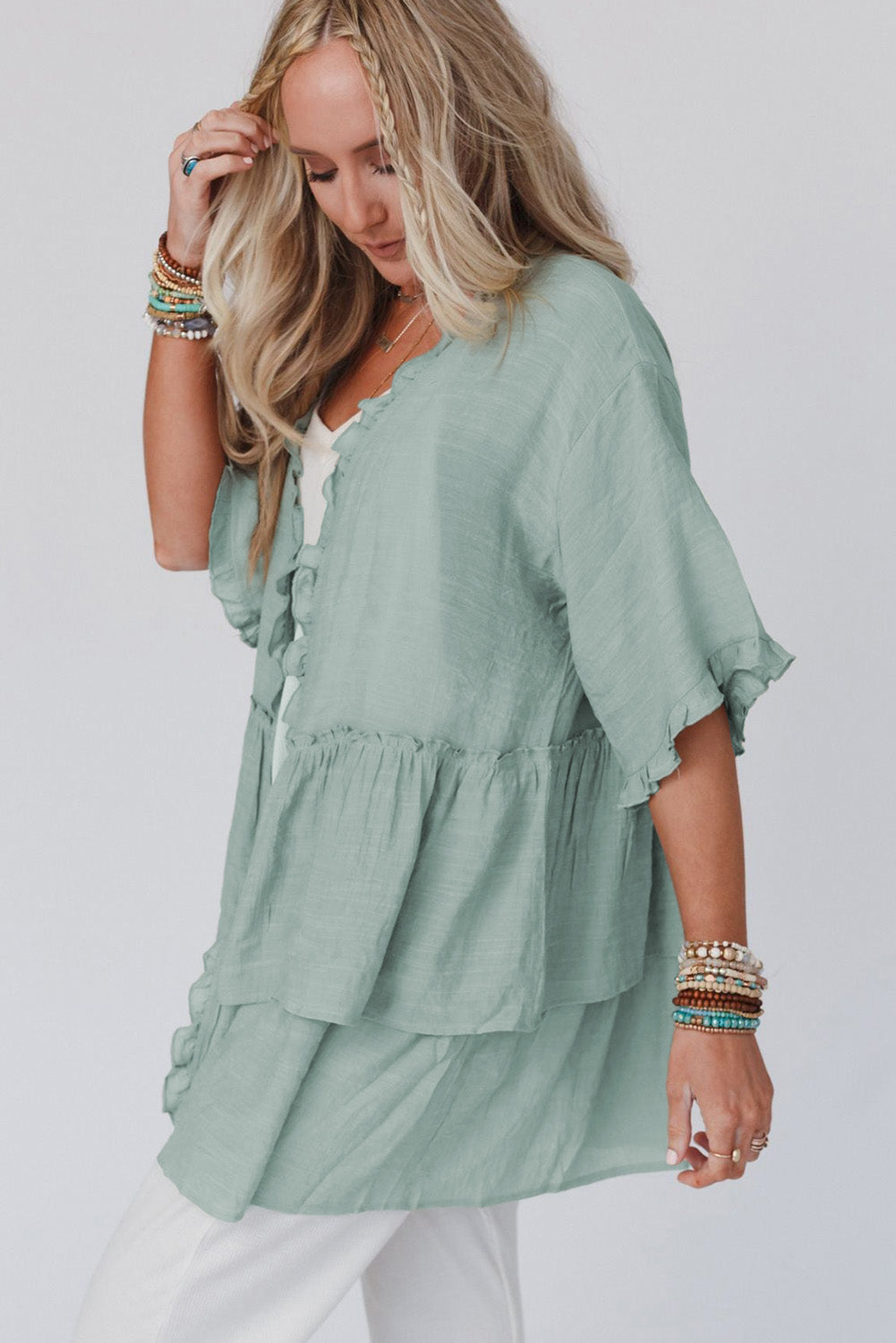 Green Ruffled Trim Short Sleeve Open Front Kimono