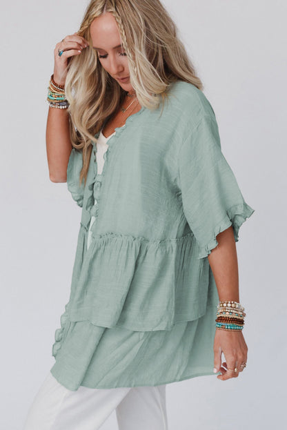 Green Ruffled Trim Short Sleeve Open Front Kimono