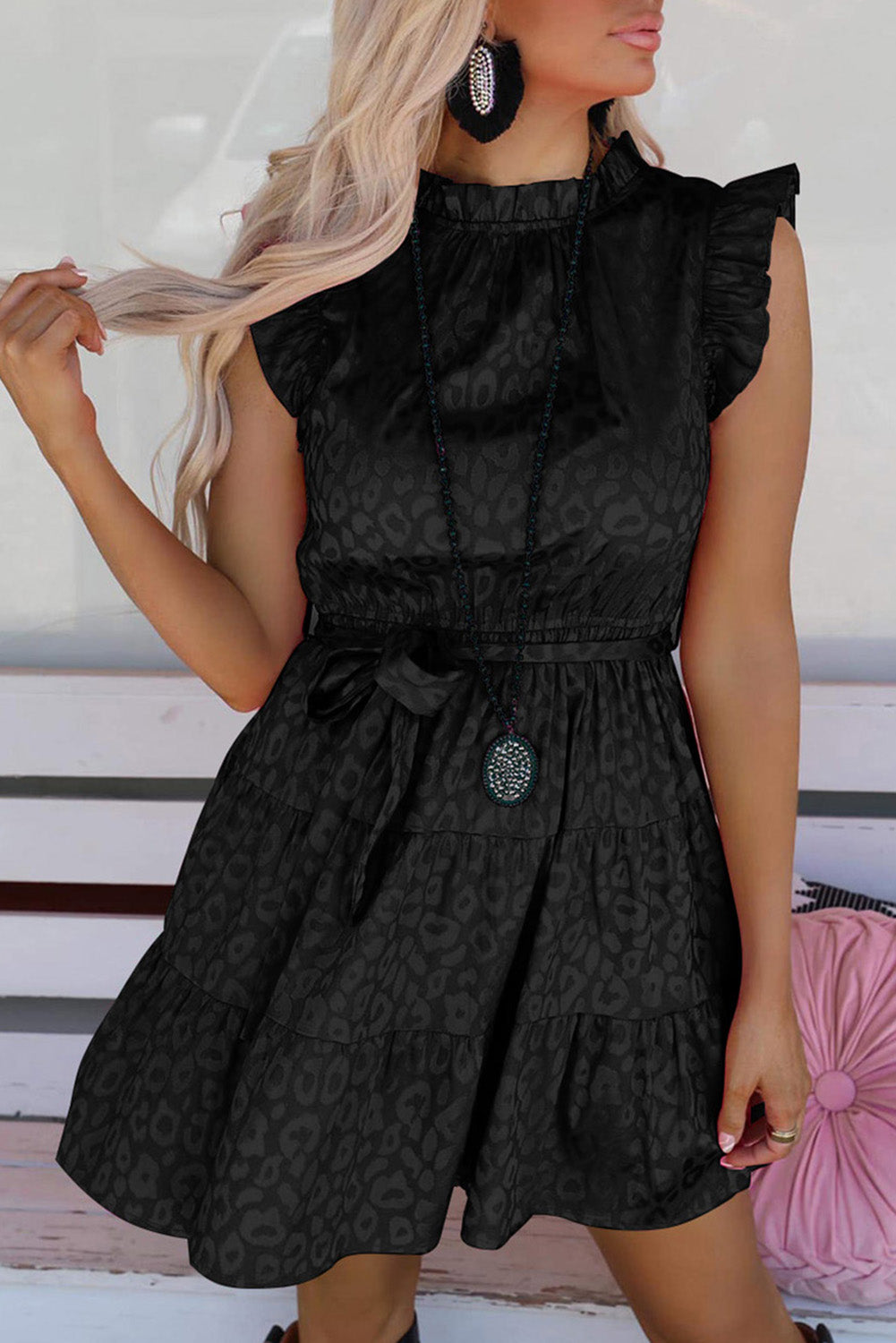 Rosy Satin Jacquard Sleeveless A-Line Leopard Print Dress