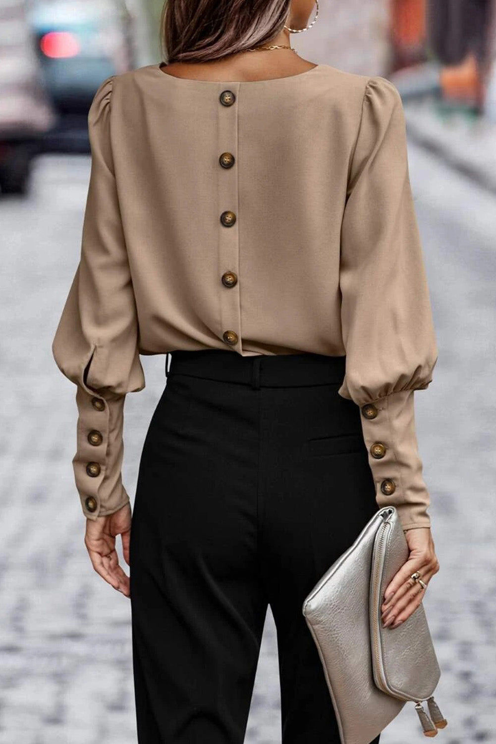 Brown Plain Leg-of-mutton Sleeve Round Neck Blouse