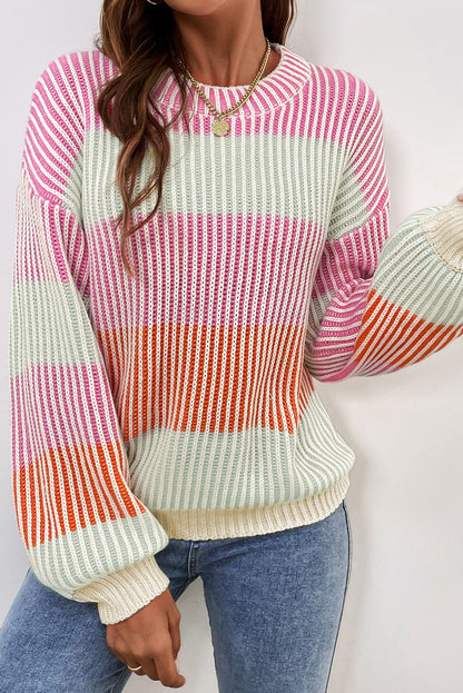 multi Colorblock Lantern Sleeve Rib Knitted Sweater