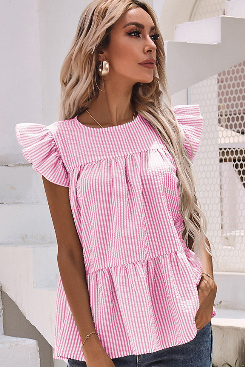 Striped Ruffle Tiered Sleeveless Shirt