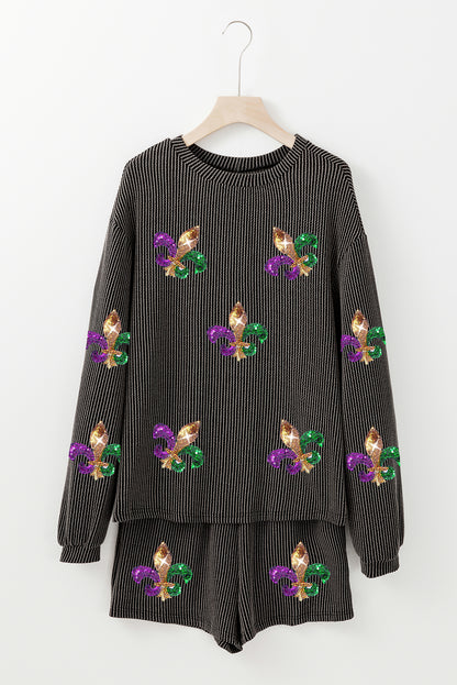 Phalaenopsis Mardi Gras Graphic Patched Corded Long Sleeve Top and Shorts