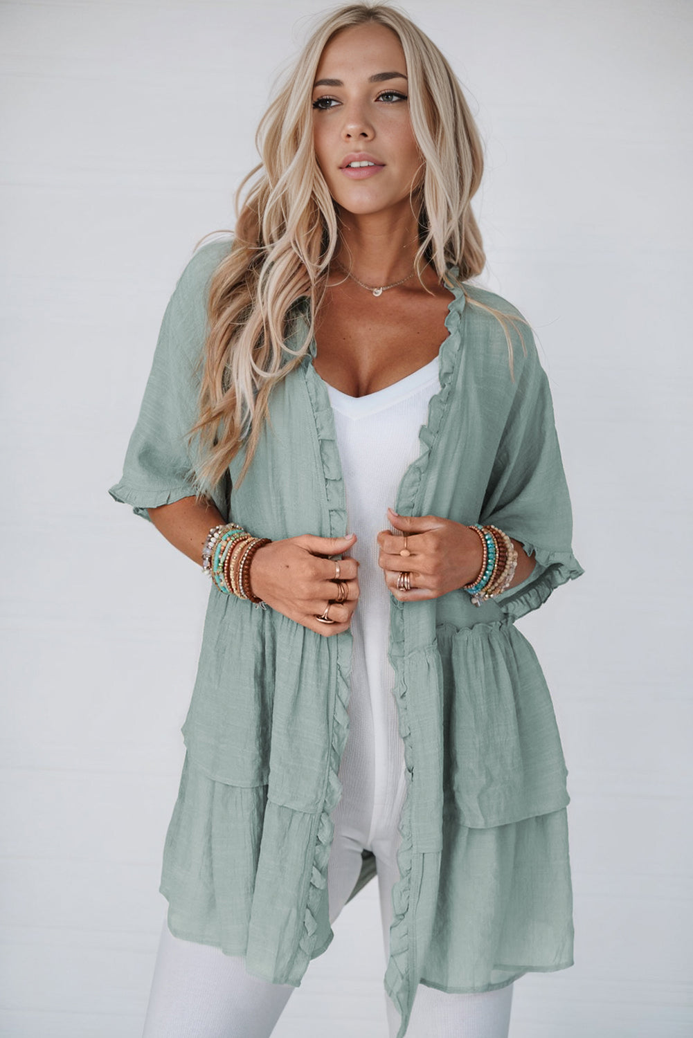 Green Ruffled Trim Short Sleeve Open Front Kimono