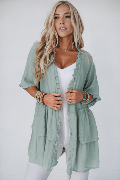 Green Ruffled Trim Short Sleeve Open Front Kimono