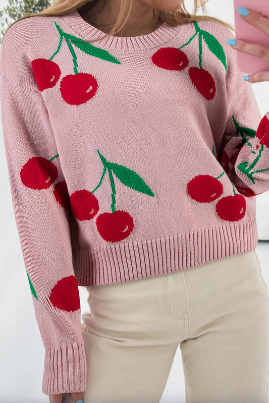 Pink Cherry Print Round Neck Knit Sweater