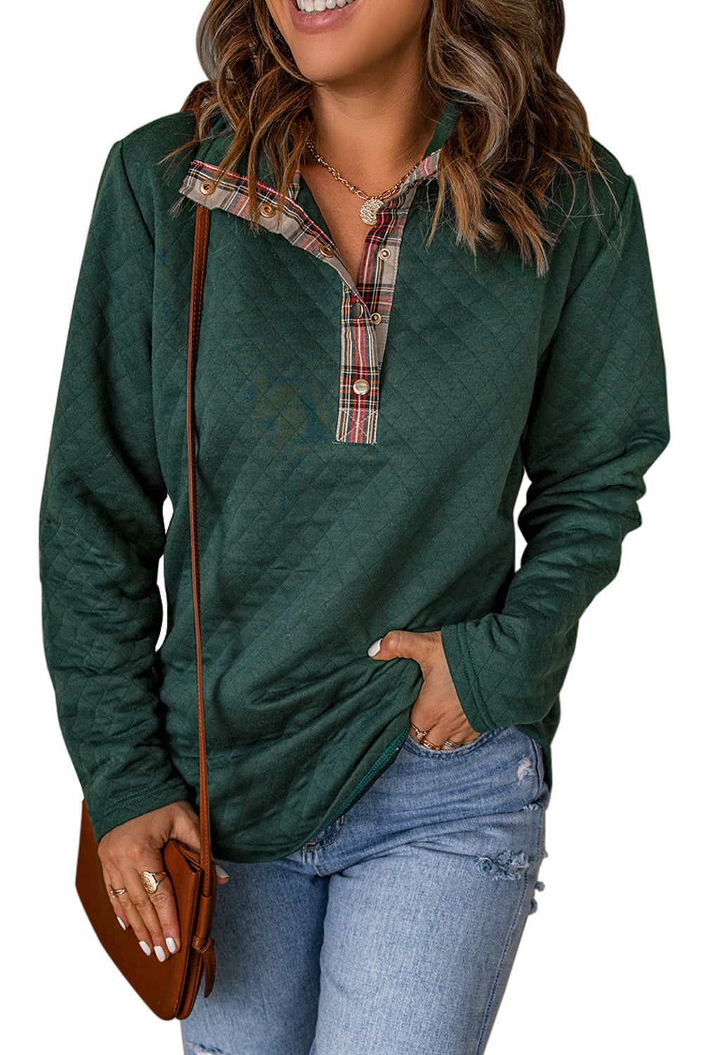 Plaid Geometric Texture Trim Buttons Neck Sweatshirt