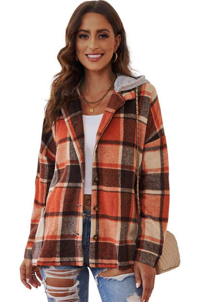 Plaid Button Front Drop Sleeve Hooded Shacket