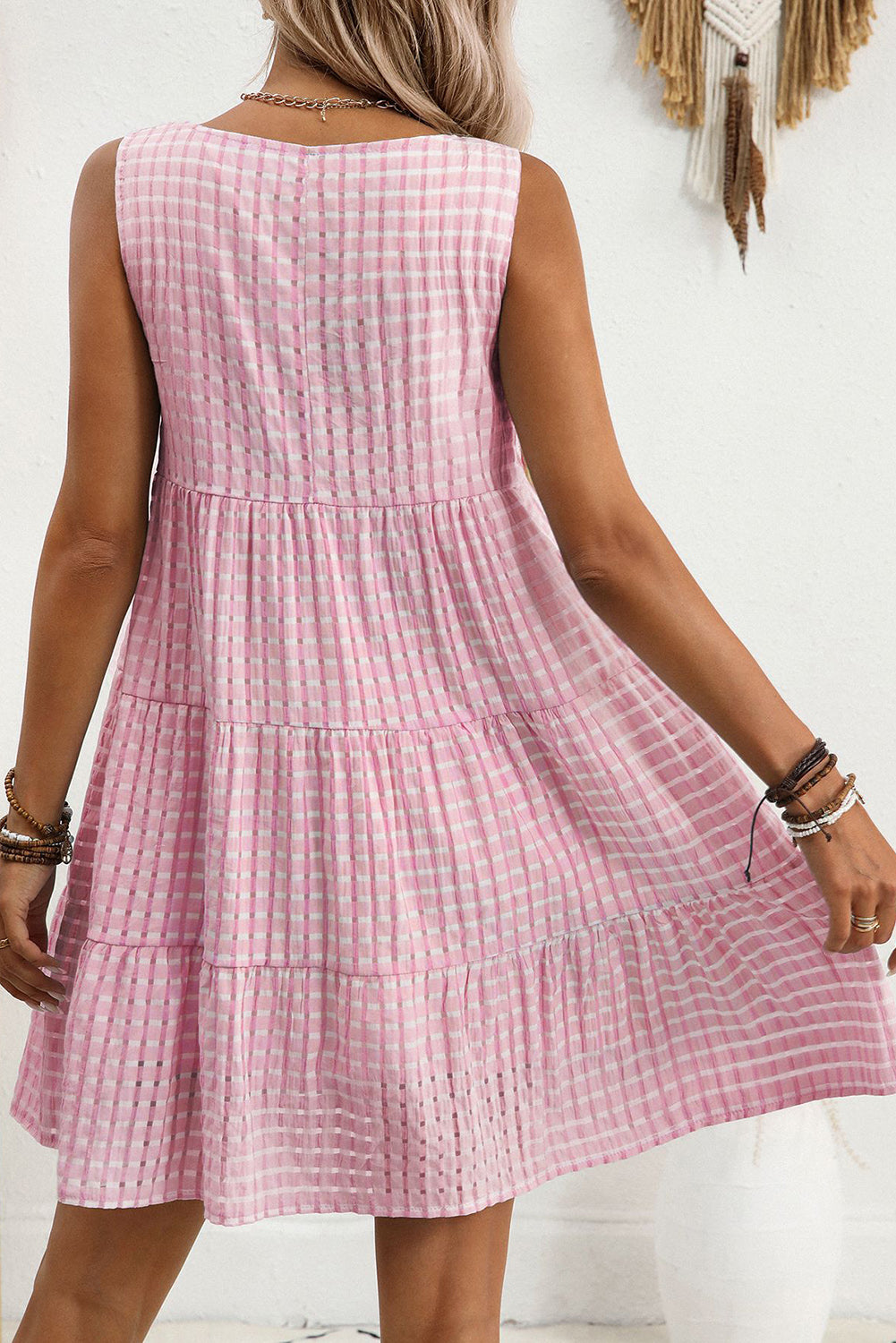 Pink Gingham High Waist Sleeveless Mini Dress