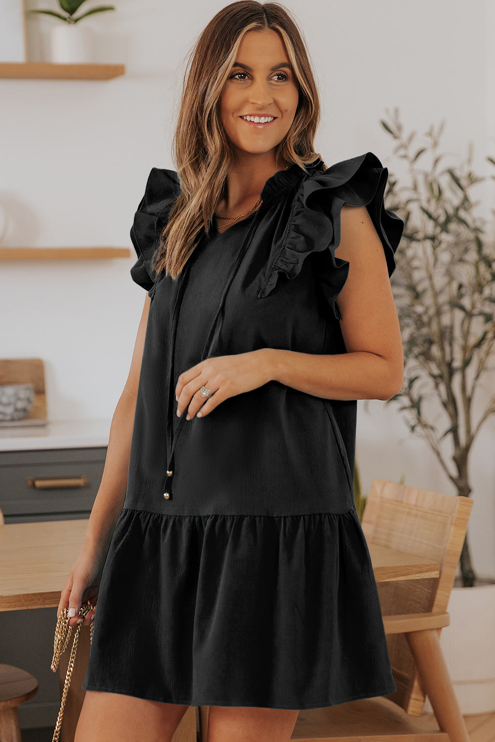 Tiered Ruffled Drawstring V Neck Short Dress With Pockets