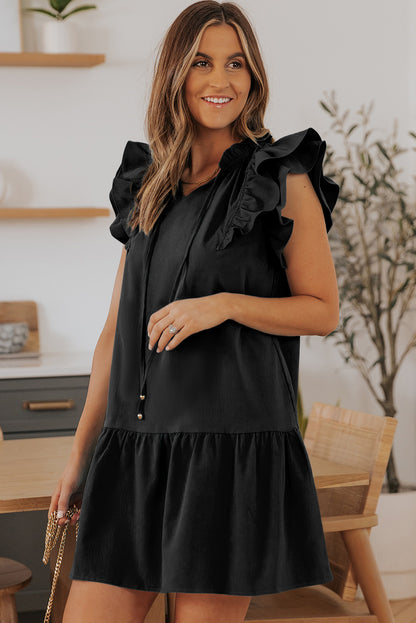 Tiered Ruffled Drawstring V Neck Short Dress With Pockets