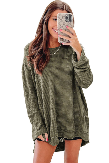Green Waffle Knit Drop Sleeve High Slits Oversized Top