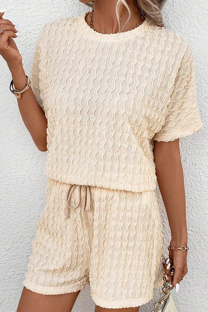 Frill Textured Tee and Drawstring Shorts Set