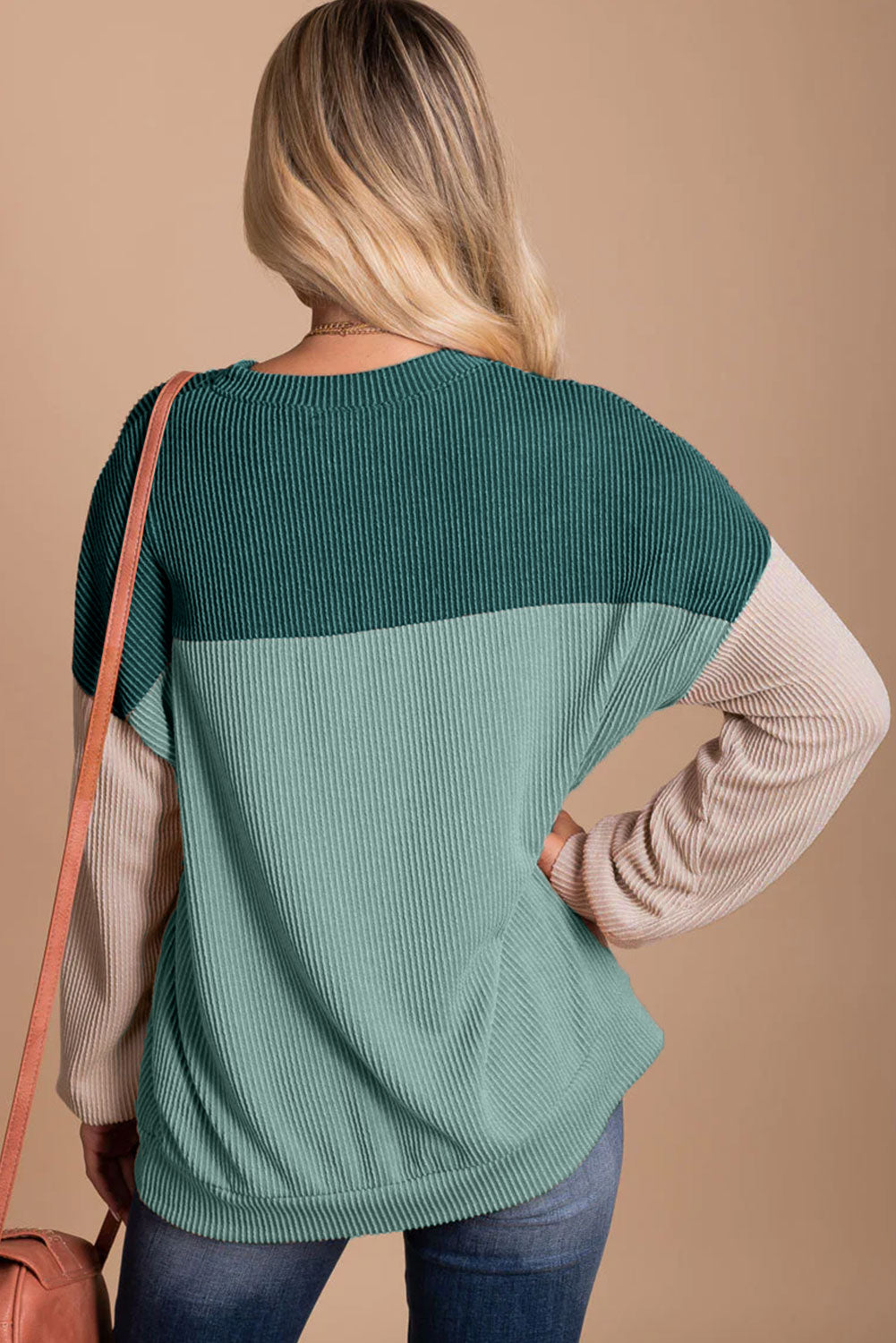 Dark Green Color Block Cording Loose Long Sleeve Top