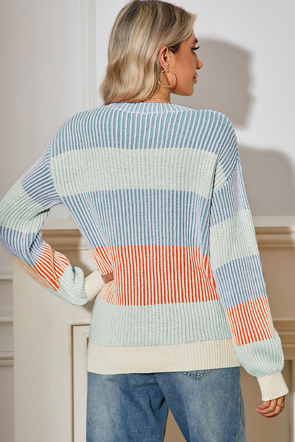 multi Colorblock Lantern Sleeve Rib Knitted Sweater