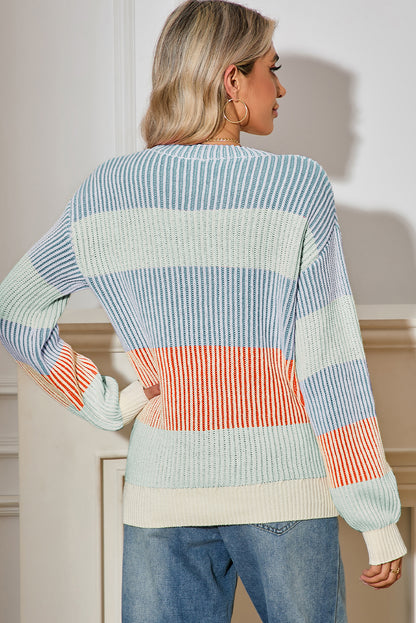 multi Colorblock Lantern Sleeve Rib Knitted Sweater