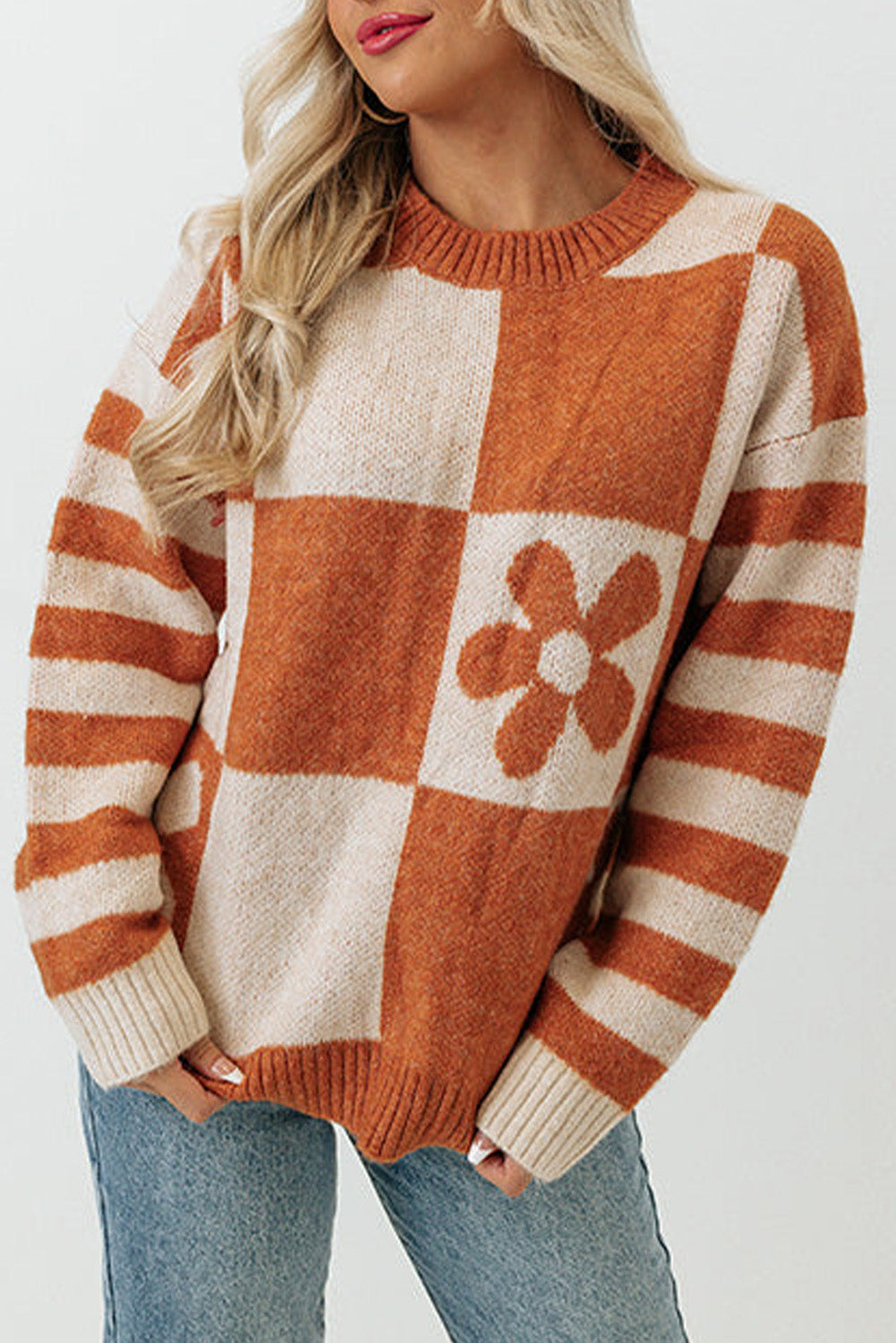 Orchid Petal Checkered and Striped Knitted Sweater