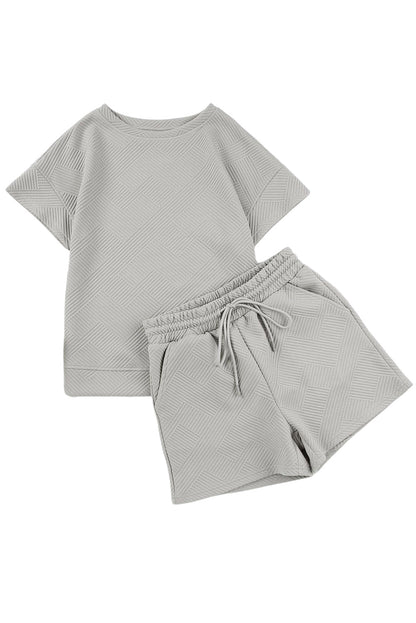 Apricot 2Pcs Solid Textured Drawstring Shorts Set