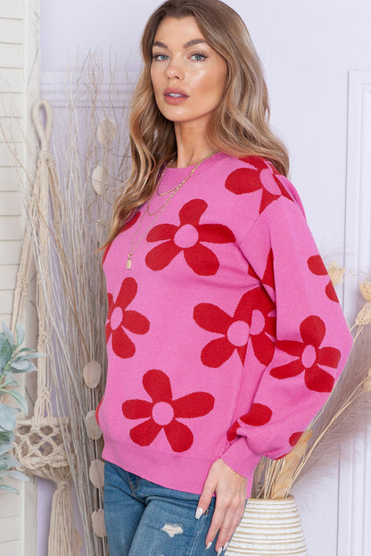 Floral Print Knitted Long Sleeve Pullover Sweater