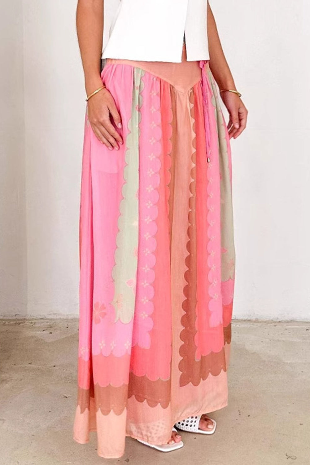 Pink Floral Colorblock Tie High Waist Maxi Skirt