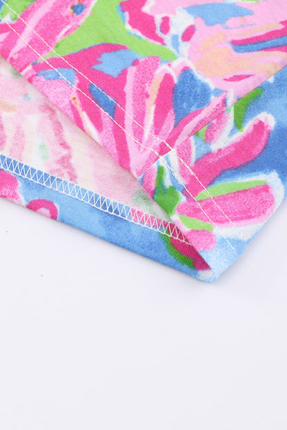 Abstract Floral Print Split V Neck Short Sleeve Blouse