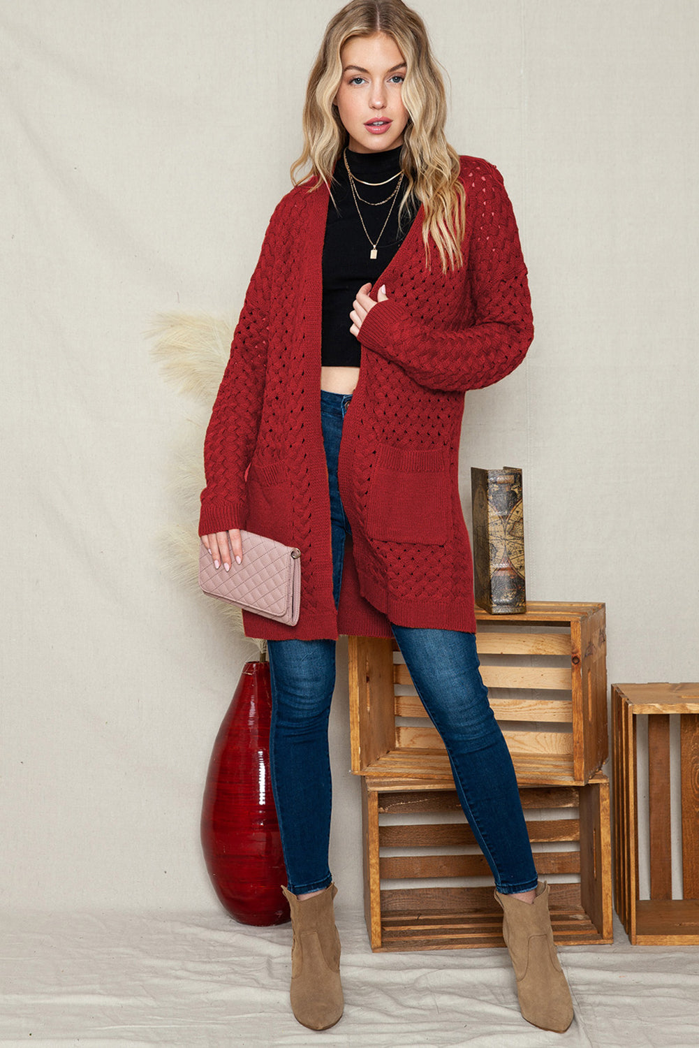 Brown Woven Texture Open Front Pockets Knit Cardigan