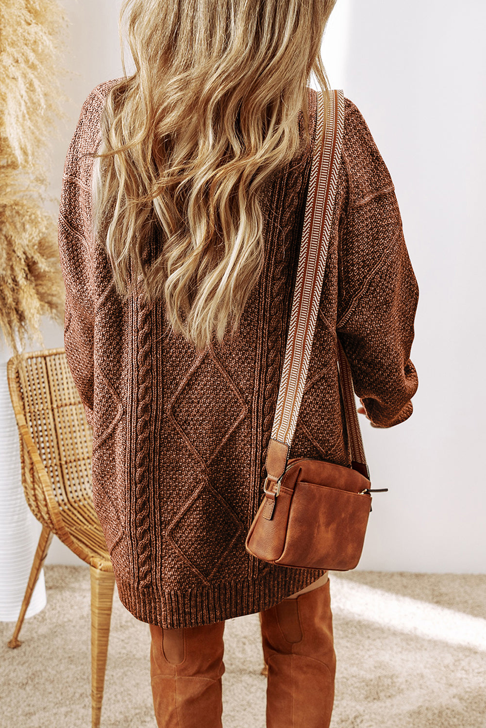 Twist Cable Knit Drop Shoulder Loose Fit Sweater Dress