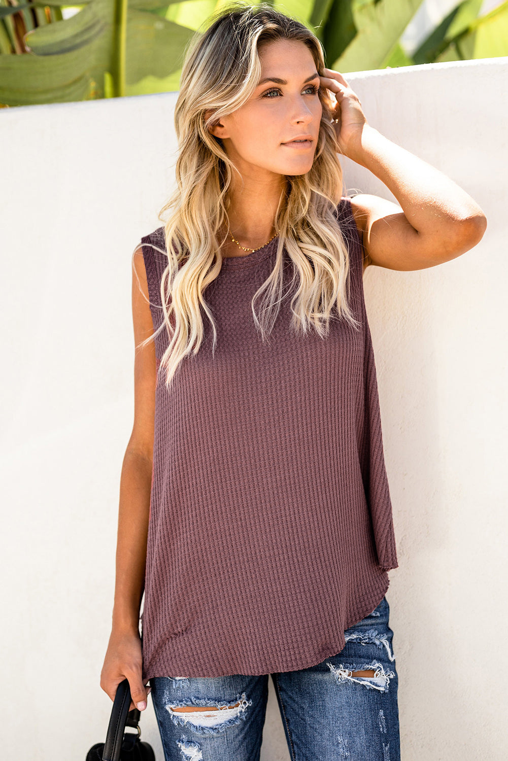 Crew Neck Basic Waffle Tank Top