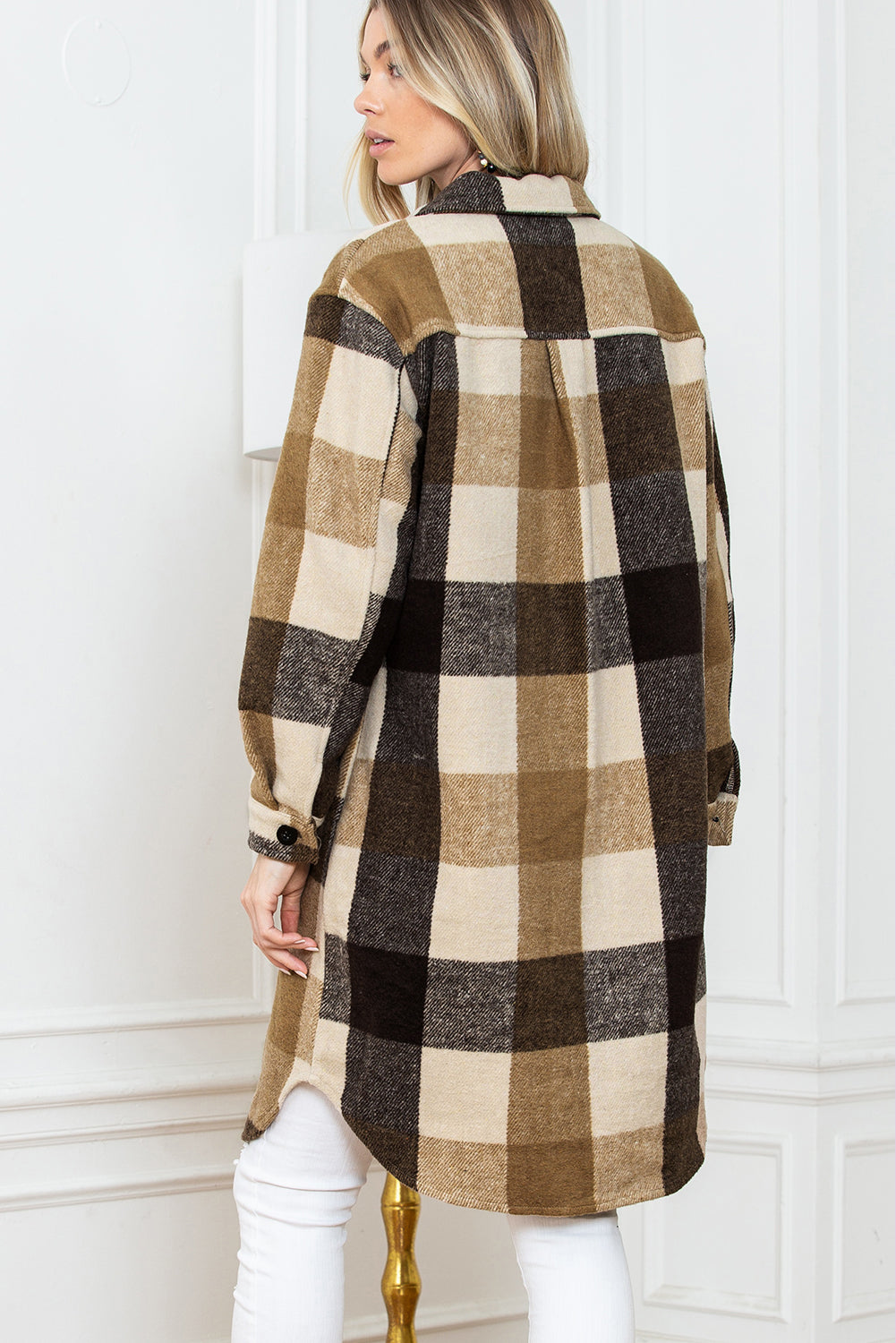 Khaki Plaid Colorblock Button Down Flap Pocket Long Shacket