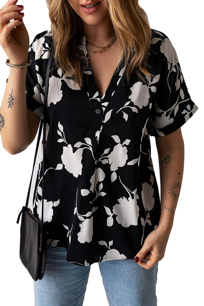 Floral Print Casual Roll Up Sleeve Blouse