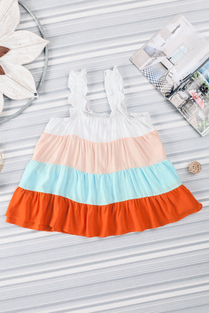 Multicolor Frill Tiered Colorblock Casual A-line Dress