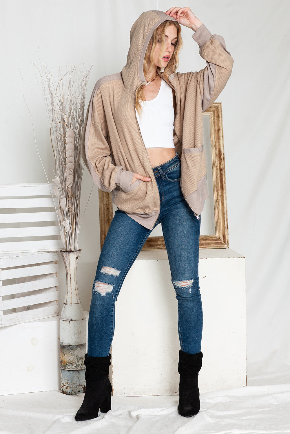 Thermal Zip Up Waffle Hoodie Jacket